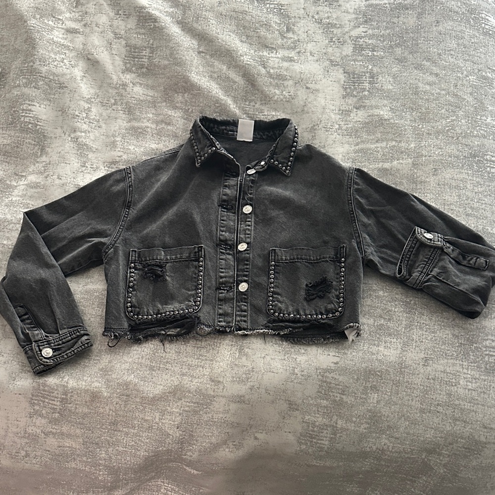 Zara Black Cropped Distressed Jean Jacket with Stud Details